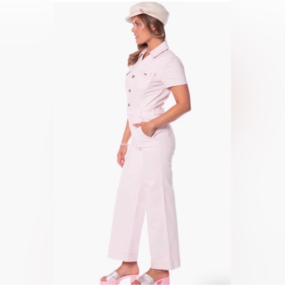Juicy Couture baby pink denim look short sleeve jumpsuit size M new tags Final